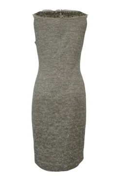 Copper embellished polyester-blend bouclé tweed square-neck sheath dress