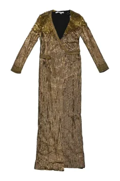 Copper embellished rayon Ariel Armour plunge wrap maxi dress