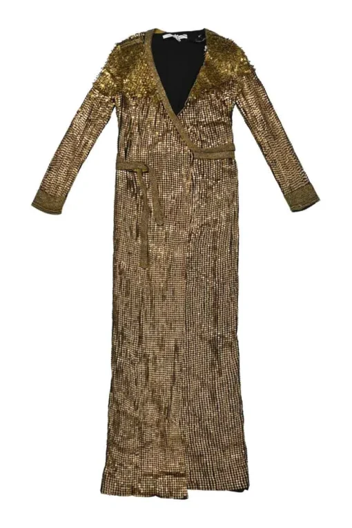 Copper embellished rayon Ariel Armour plunge wrap maxi dress