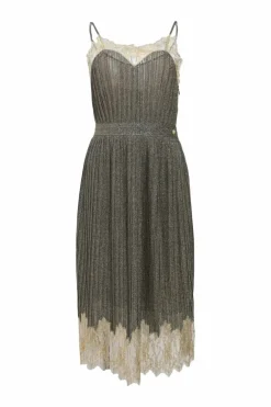 Copper lace-trimmed polyamide-blend metallic plissé knit slip dress