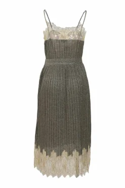 Copper lace-trimmed polyamide-blend metallic plissé knit slip dress
