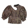 Copper polyester-lurex blend tiger puff sleeve choker knit top with cutout shoulder
