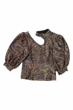 Copper polyester-lurex blend tiger puff sleeve choker knit top with cutout shoulder