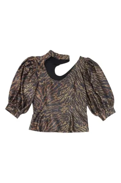 Copper polyester-lurex blend tiger puff sleeve choker knit top with cutout shoulder