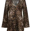 Copper rayon-blend leopard jacquard knit plunge neck zip cardigan with bell sleeves