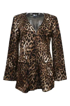Copper rayon-blend leopard jacquard knit plunge neck zip cardigan with bell sleeves