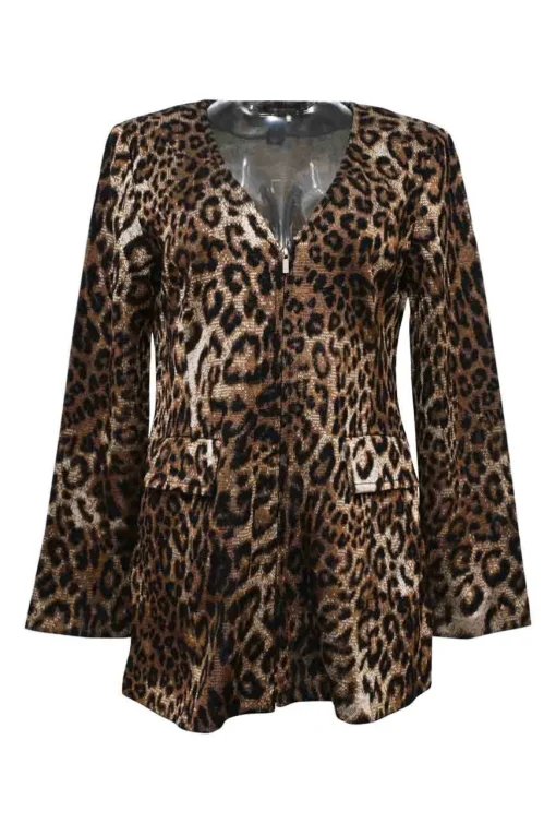Copper rayon-blend leopard jacquard knit plunge neck zip cardigan with bell sleeves