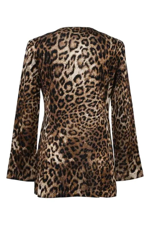 Copper rayon-blend leopard jacquard knit plunge neck zip cardigan with bell sleeves
