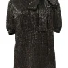 Copper sequined polyester puff sleeve pussy-bow blouse