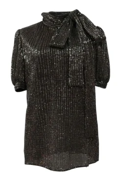 Copper sequined polyester puff sleeve pussy-bow blouse