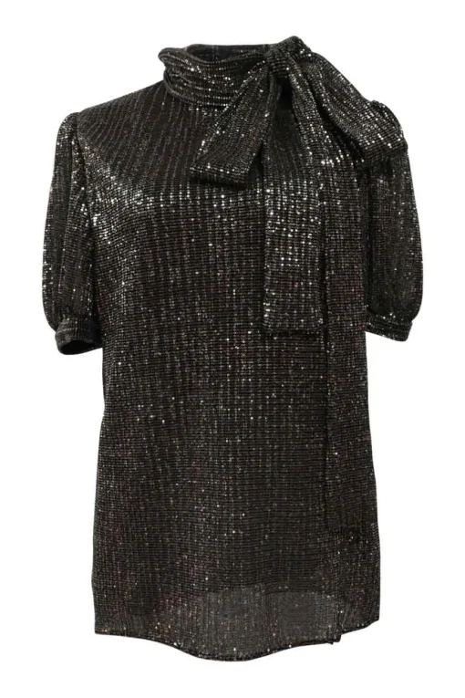 Copper sequined polyester puff sleeve pussy-bow blouse
