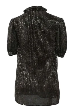 Copper sequined polyester puff sleeve pussy-bow blouse