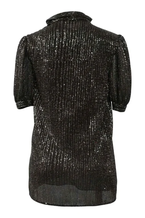 Copper sequined polyester puff sleeve pussy-bow blouse