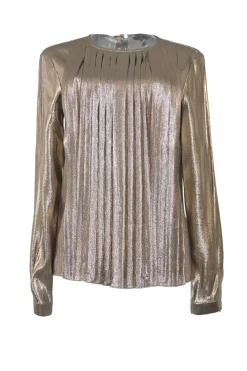 Copper silk-blend pleated long sleeve blouse with button fastening at centre back