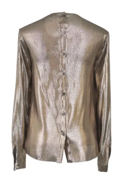 Copper silk-blend pleated long sleeve blouse with button fastening at centre back