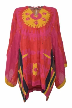 Coral bias-cut linen floral print dolman sleeve kaftan-style tunic top