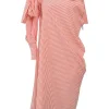 Coral bias-cut striped polyamide-blend seersucker draped shift sack dress with adjustable self-tie straps