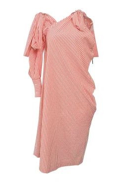 Coral bias-cut striped polyamide-blend seersucker draped shift sack dress with adjustable self-tie straps