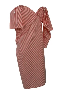 Coral bias-cut striped polyamide-blend seersucker draped shift sack dress with adjustable self-tie straps