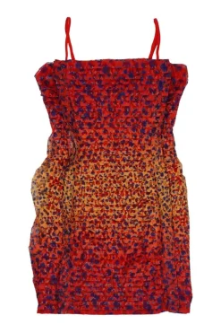 Coral bi-layer polyester floral lace print pintuck bustier mini dress with adjustable spaghetti straps