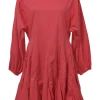 Coral cotton balloon-sleeve mini shift dress godet skirt inserts