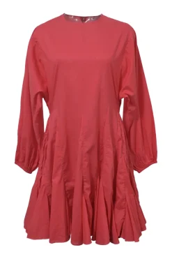 Coral cotton balloon-sleeve mini shift dress godet skirt inserts
