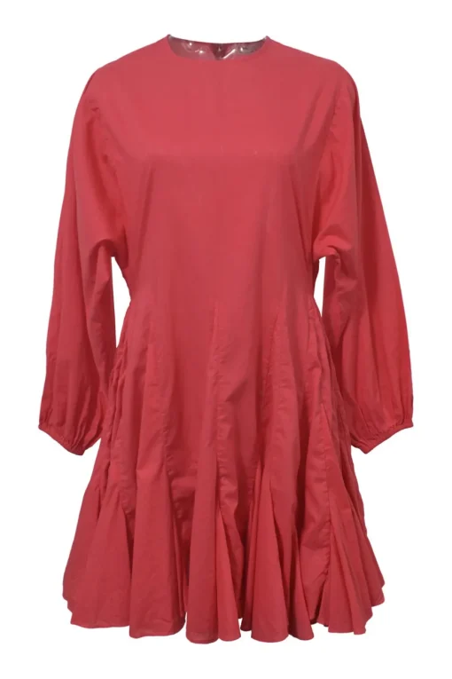Coral cotton balloon-sleeve mini shift dress godet skirt inserts