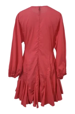 Coral cotton balloon-sleeve mini shift dress godet skirt inserts