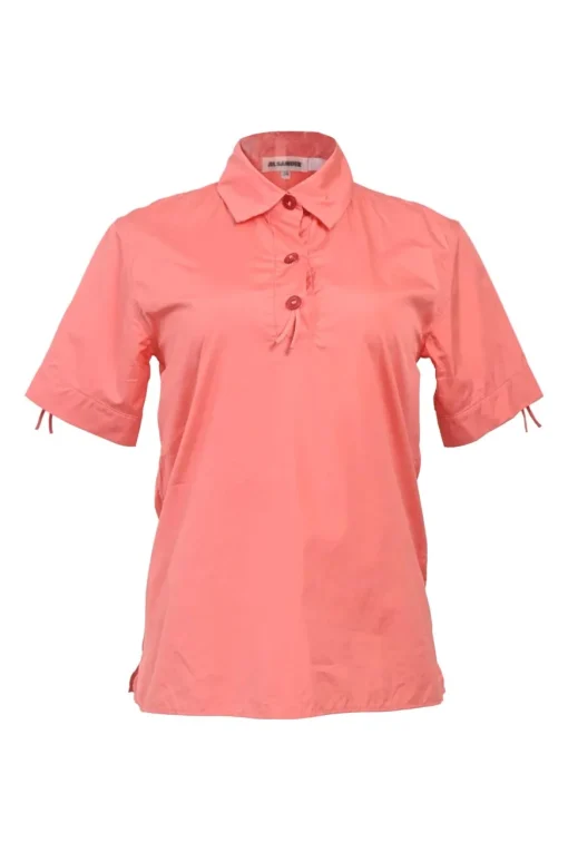 Coral cotton half-button polo-style utility shirt with classic collar