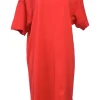 Coral cotton jersey knit crewneck pullover T-shirt dress with contrasting tulle hem insert