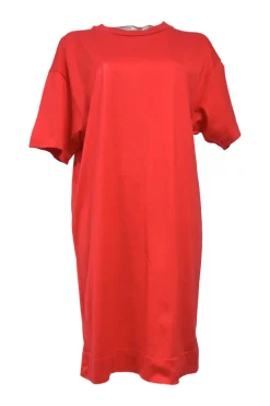 Coral cotton jersey knit crewneck pullover T-shirt dress with contrasting tulle hem insert