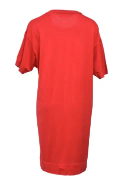 Coral cotton jersey knit crewneck pullover T-shirt dress with contrasting tulle hem insert