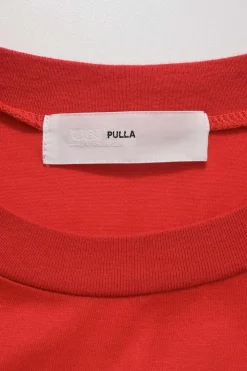 Coral cotton jersey knit crewneck pullover T-shirt dress with contrasting tulle hem insert