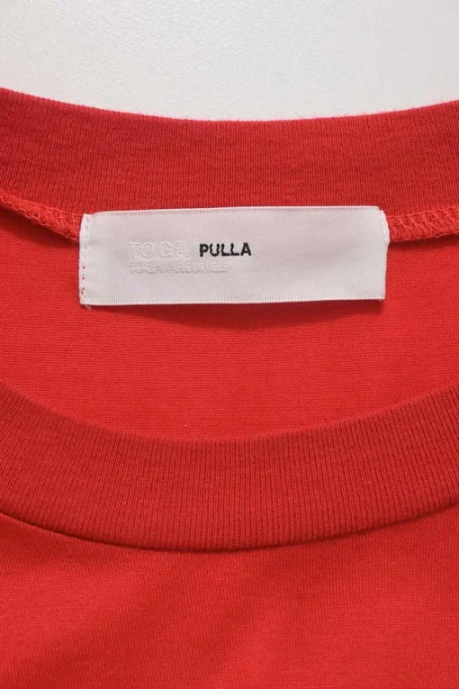 Coral cotton jersey knit crewneck pullover T-shirt dress with contrasting tulle hem insert