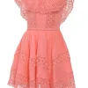 Coral cotton-blend off-shoulder peek-a-boo mini A-line dress with flutter sleeves and tonal crochet lace inserts