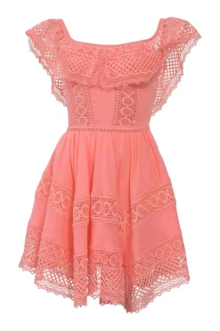 Coral cotton-blend off-shoulder peek-a-boo mini A-line dress with flutter sleeves and tonal crochet lace inserts