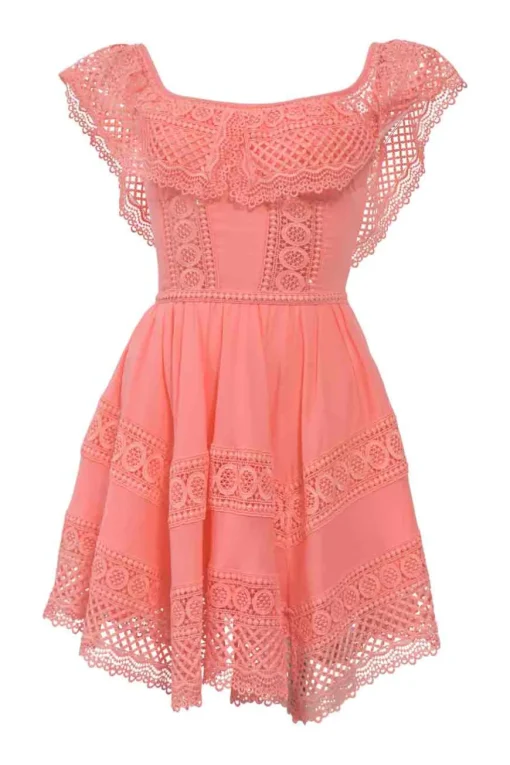 Coral cotton-blend off-shoulder peek-a-boo mini A-line dress with flutter sleeves and tonal crochet lace inserts