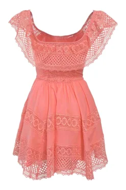 Coral cotton-blend off-shoulder peek-a-boo mini A-line dress with flutter sleeves and tonal crochet lace inserts