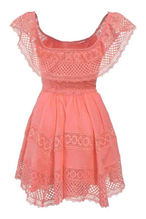 Coral cotton-blend off-shoulder peek-a-boo mini A-line dress with flutter sleeves and tonal crochet lace inserts