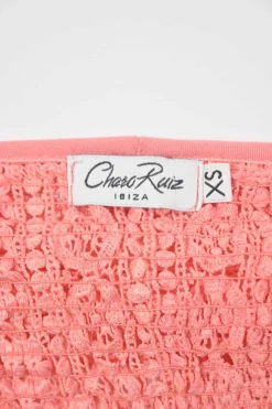 Coral cotton-blend off-shoulder peek-a-boo mini A-line dress with flutter sleeves and tonal crochet lace inserts