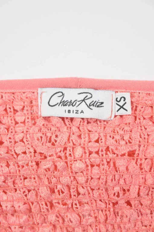 Coral cotton-blend off-shoulder peek-a-boo mini A-line dress with flutter sleeves and tonal crochet lace inserts
