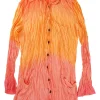 Coral dip-dyed silk classic collar button-front plissé shirt with cropped sleeves and patch pockets