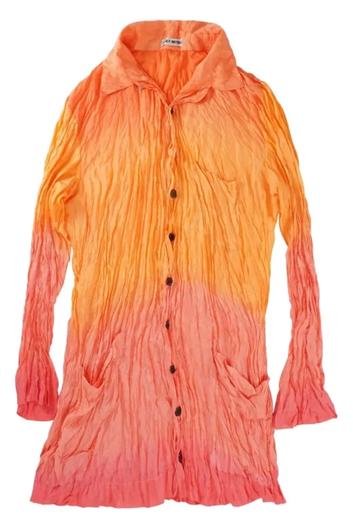 Coral dip-dyed silk classic collar button-front plissé shirt with cropped sleeves and patch pockets
