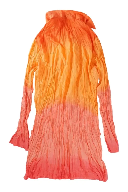 Coral dip-dyed silk classic collar button-front plissé shirt with cropped sleeves and patch pockets