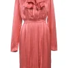 Coral draped silk satin long sleeve pussy-bow knee-length dress