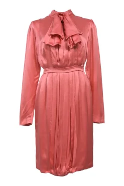 Coral draped silk satin long sleeve pussy-bow knee-length dress