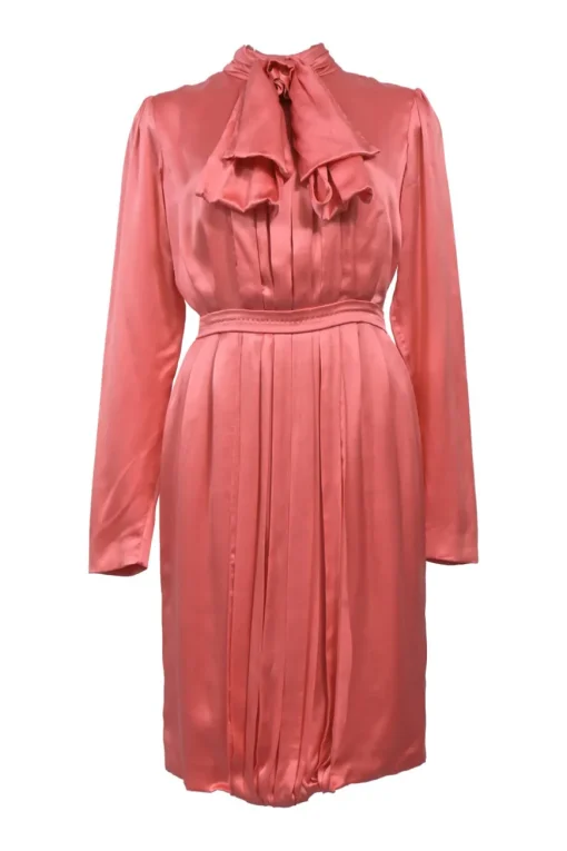 Coral draped silk satin long sleeve pussy-bow knee-length dress