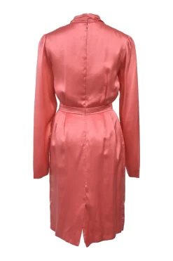 Coral draped silk satin long sleeve pussy-bow knee-length dress
