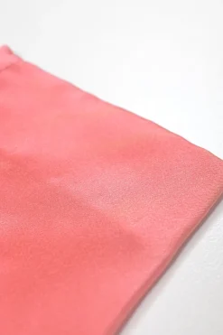 Coral draped silk satin long sleeve pussy-bow knee-length dress