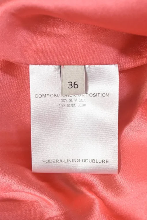 Coral draped silk satin long sleeve pussy-bow knee-length dress